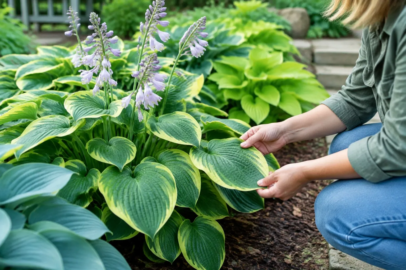 Vrouw bekijkt en voelt grote groen-gele hosta bladeren in zonnige tuinbedruimte