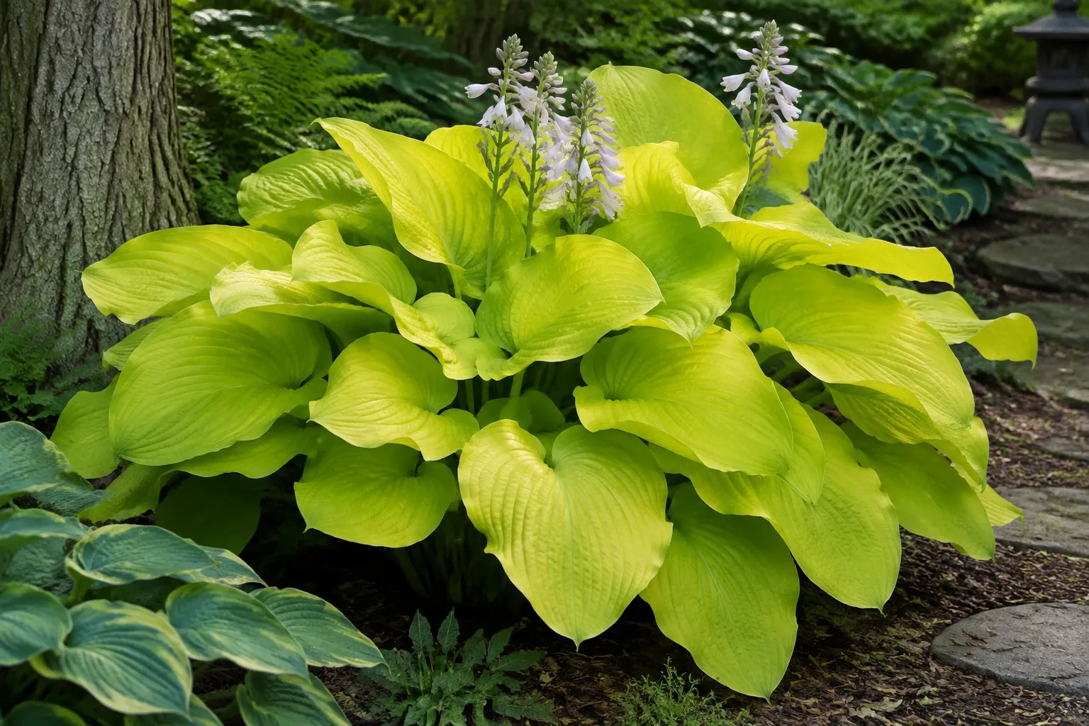Grote gele Hosta 'Sum and Substance' met witte bloemen in schaduwrijk borderbed