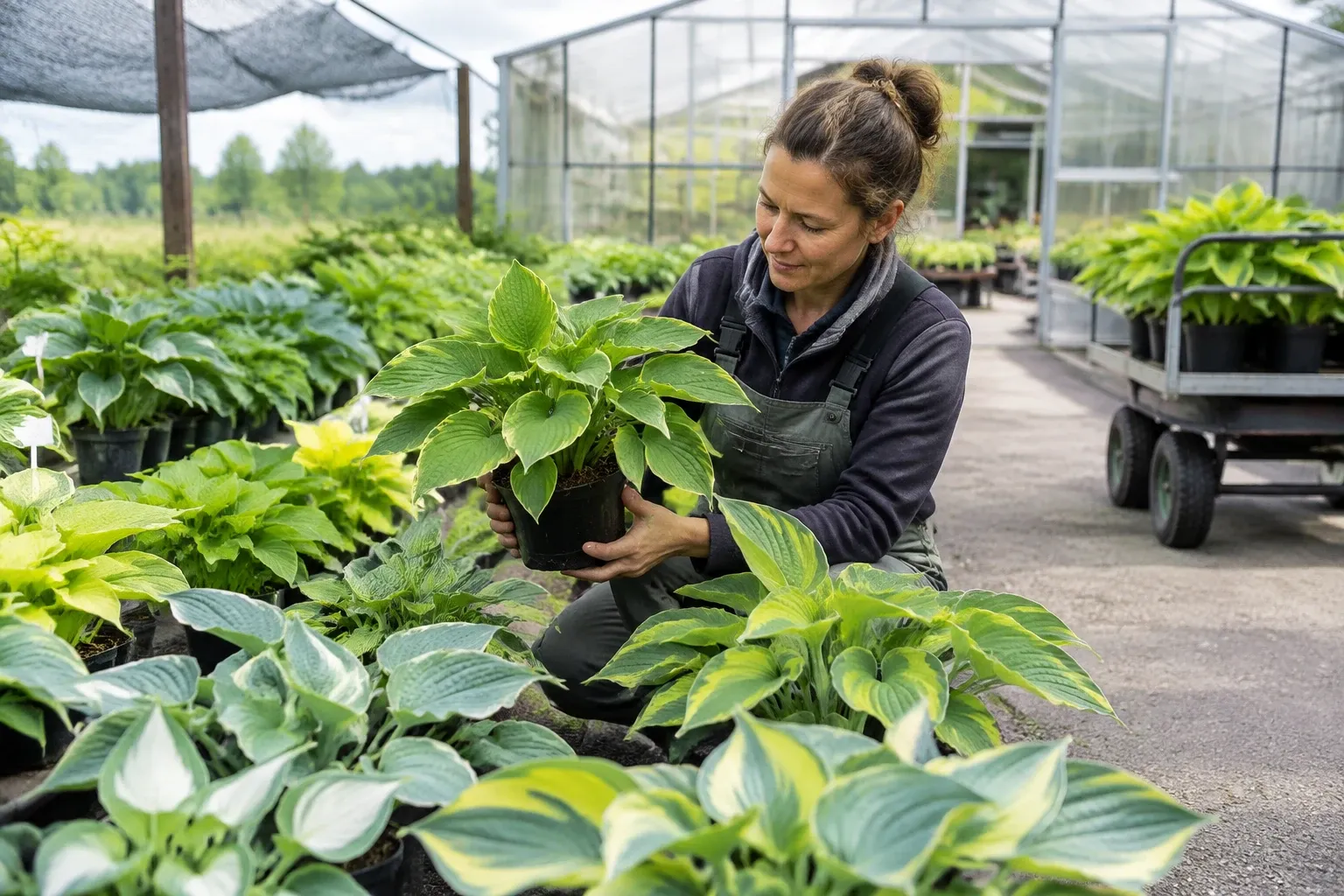 Vrouw knielt in kas en houdt pot met variegerende hosta vast tussen rijen planten