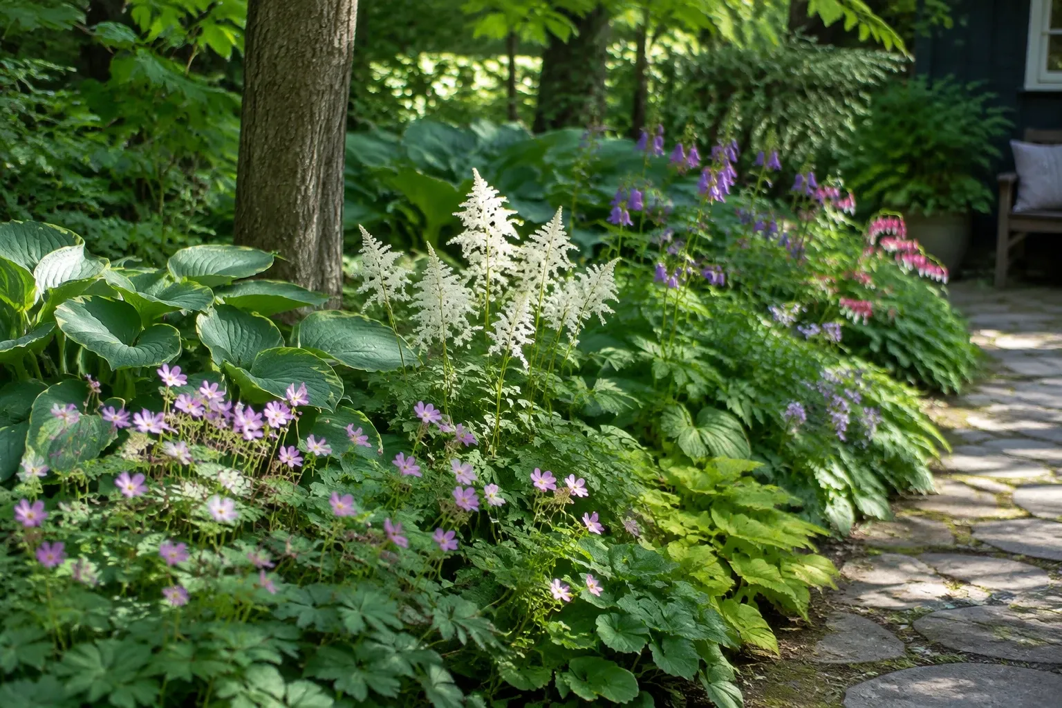 Schaduwrijke border met hosta's, witte astilbe en roze geraniums langs tuinpad