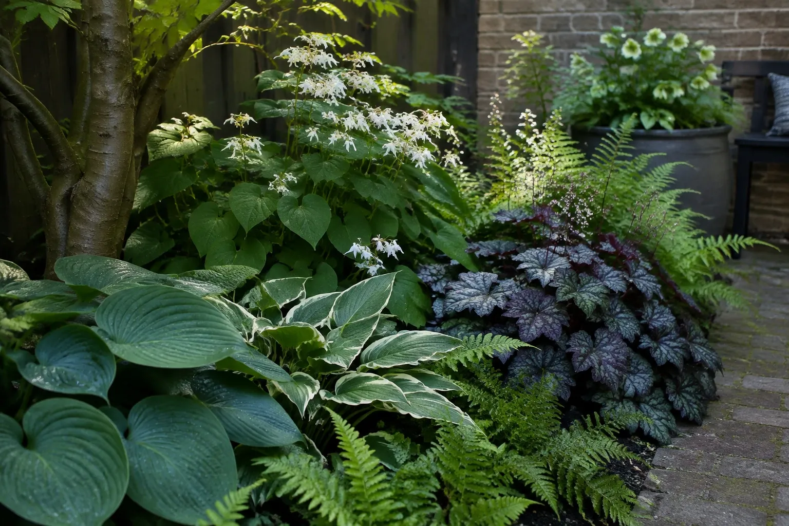 Schaduwrijke border met diverse hosta's, varens en witte sierbloemen tegen muur