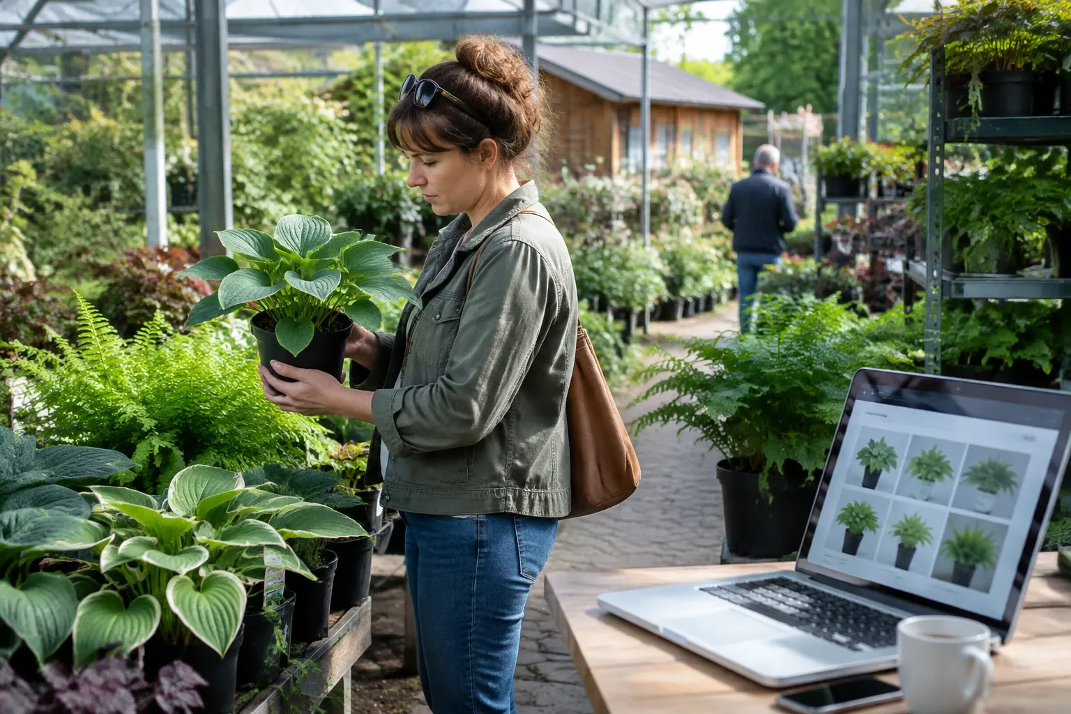 Vrouw beoordeelt een hosta in tuincentrum tussen schaduwplanten, laptop met plantfoto's zichtbaar