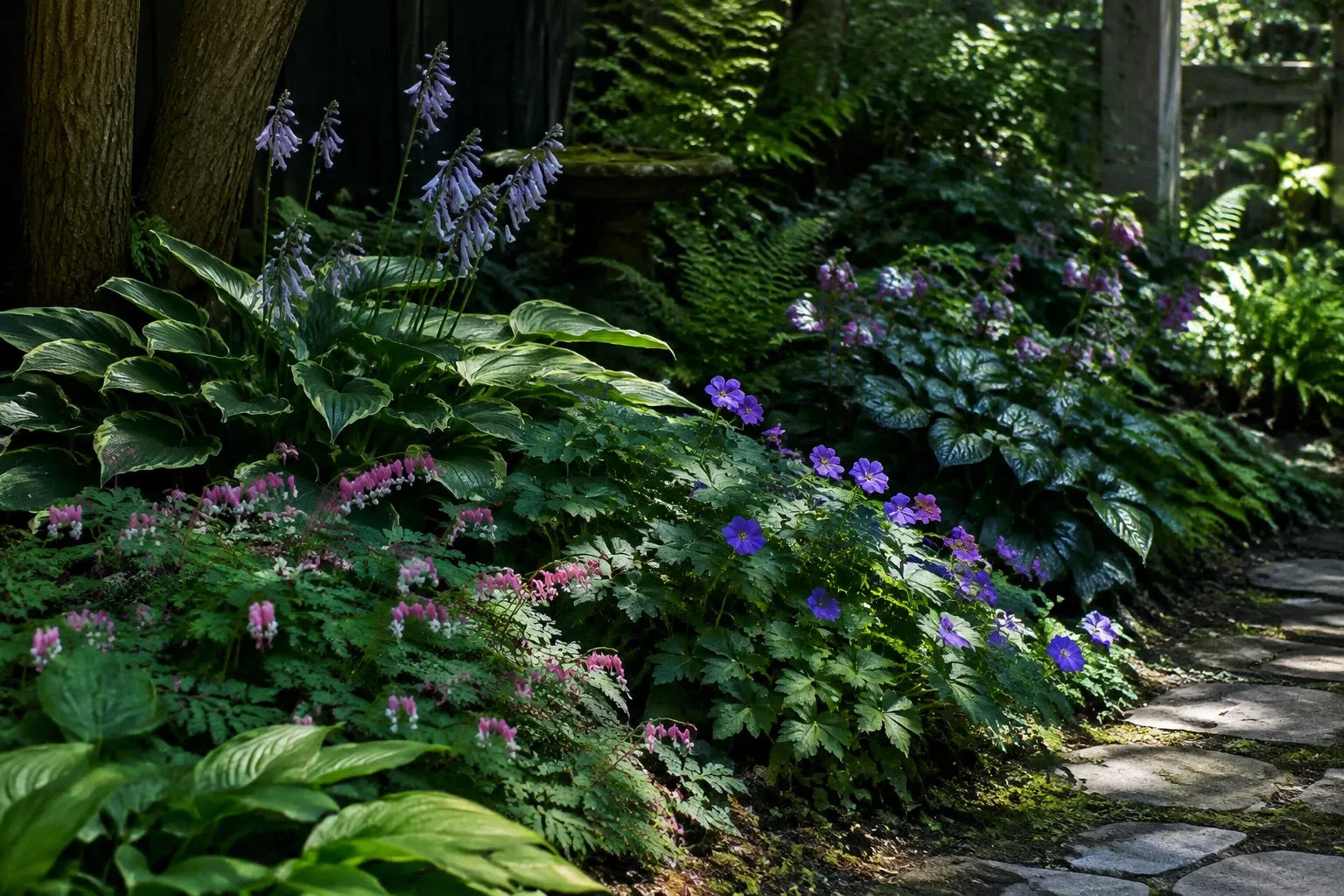 Schaduwrijke tuinborder met hosta, geraniums en roze gebroken hart tussen stenen pad