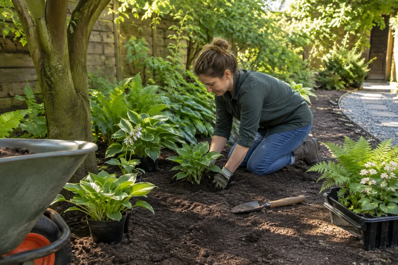 Vrouw knielt en plant hosta's in schaduwtuin, schep en kar zichtbaar