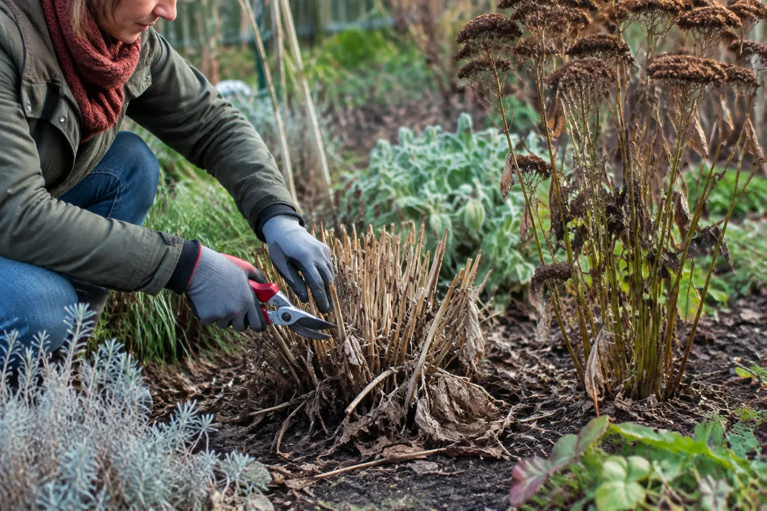 Tuinier knipt restanten van vaste planten met snoeischaar in wintertuin
